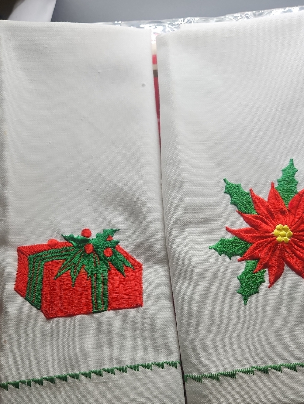 Holiday Poinsettia & Gift Embroidered White Kitchen Towels
